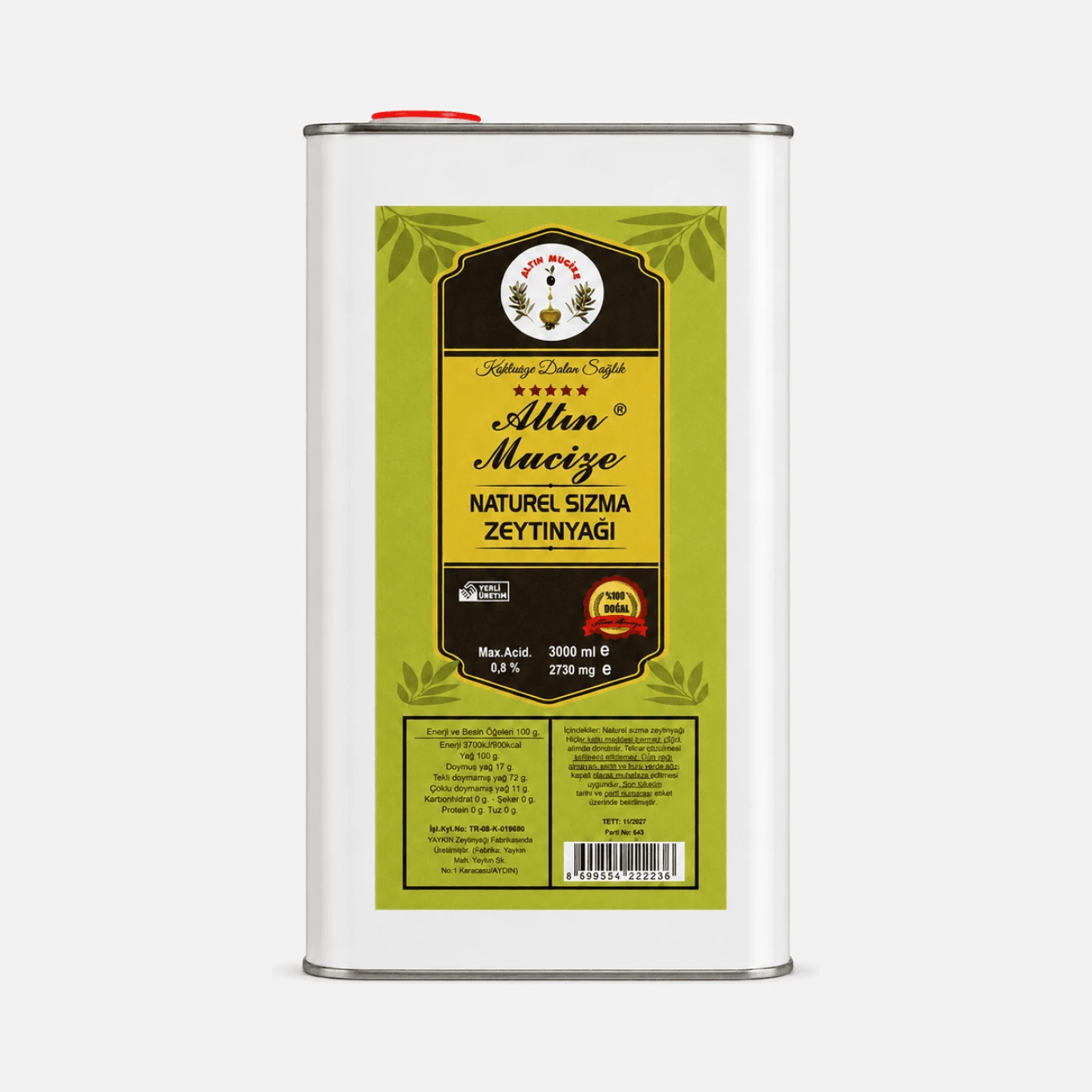 Altın Mucize Natürel Sızma Zeytinyağı 3 lt Teneke